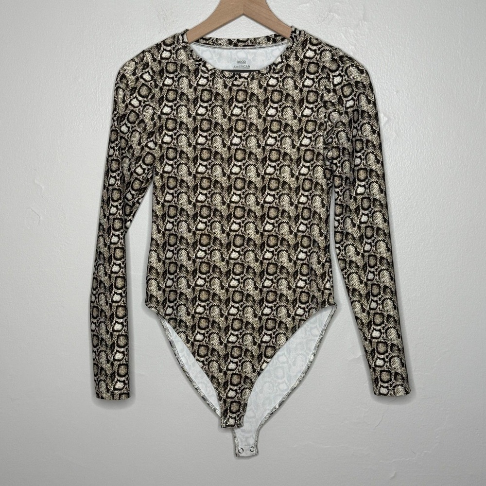 Good American Long Sleeve Snake Print Bodysuit in Brown & Cream